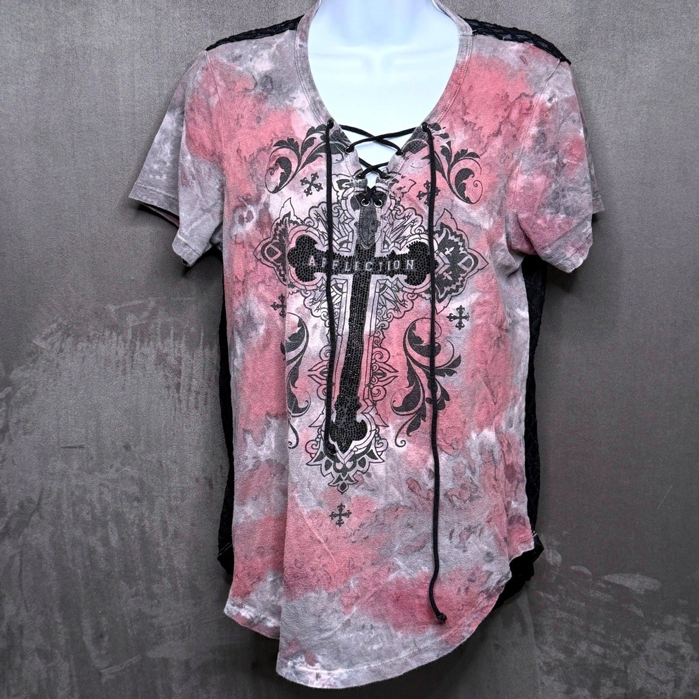 Affliction T-Shirt Womens Sz M Lace Up Sheer‎ Back Cross Graphic Rhinestone Y2K